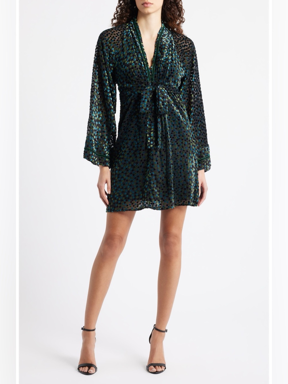 NWT CIEBON Amaia Velvet Flock Dot Deep V-Neck Mini Dress Medium